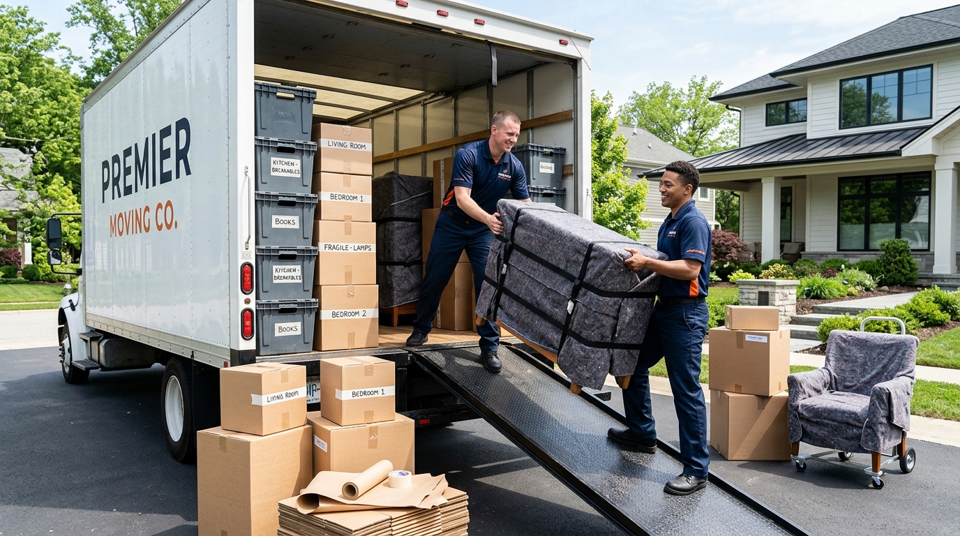 Professional movers loading reusable crates and cardboard boxes for an eco-friendly move