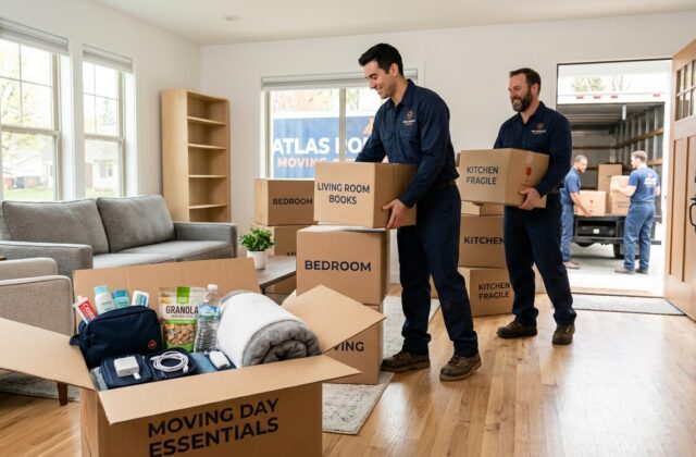 Mover placing a clearly labeled moving essentials box in a new home living room