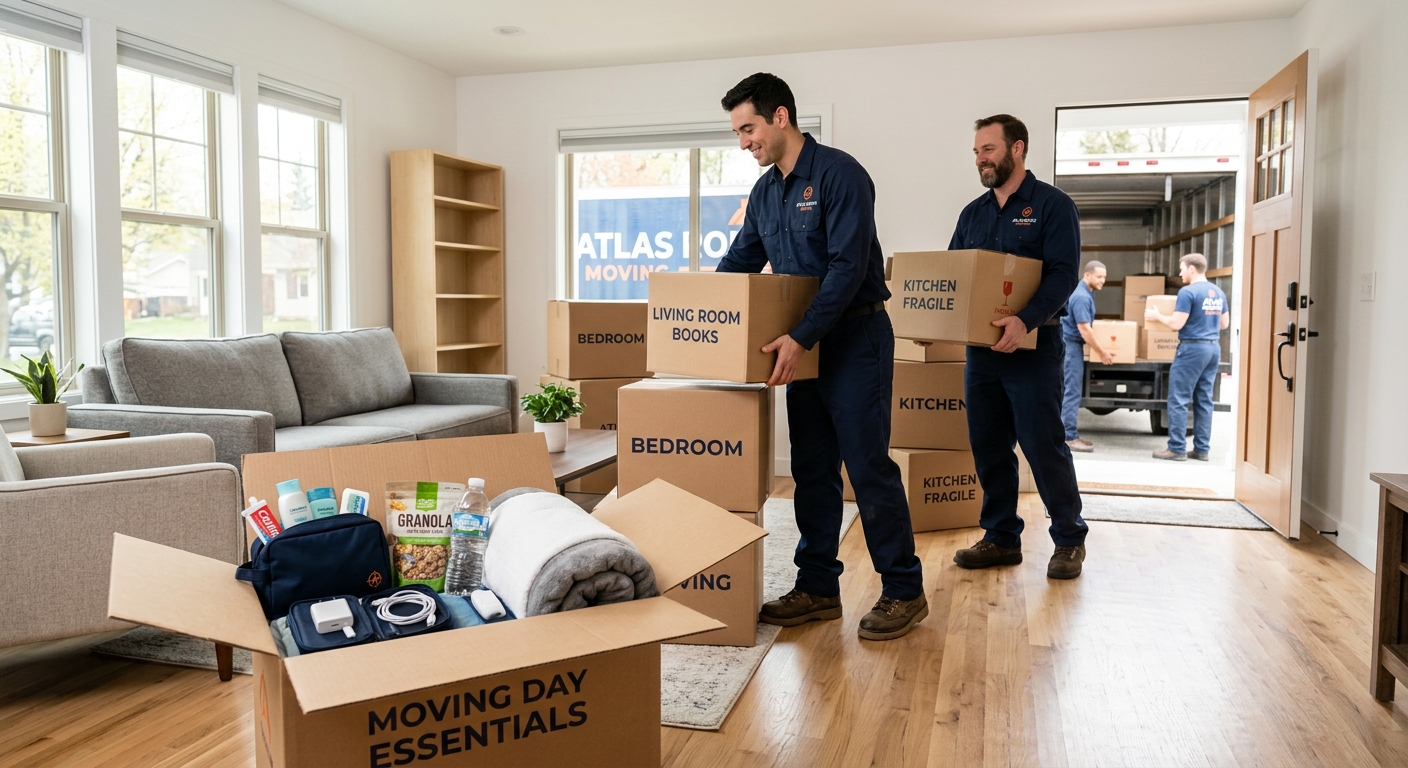 Mover placing a clearly labeled moving essentials box in a new home living room