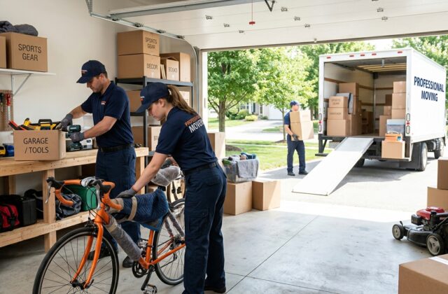 Professional movers packing tools and bikes in a residential garage for moving