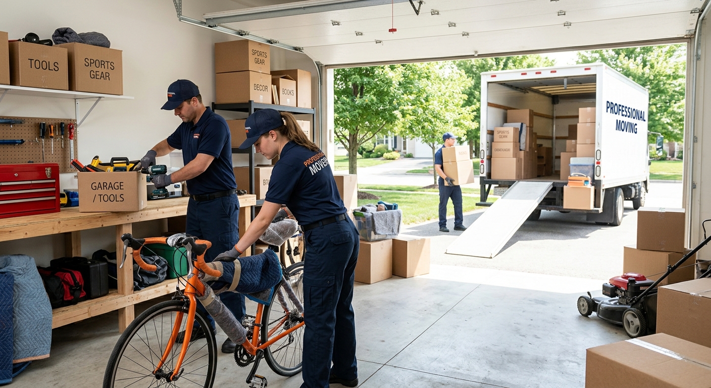 Professional movers packing tools and bikes in a residential garage for moving