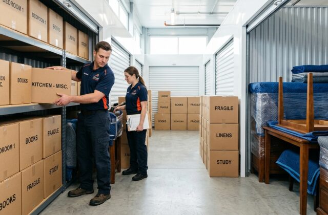 Professional movers neatly organizing a labeled storage unit with a clear center aisle