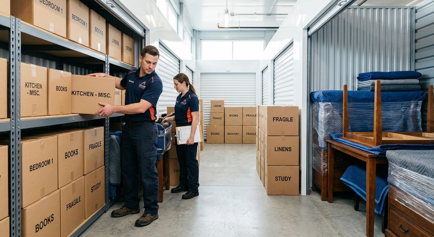 Professional movers neatly organizing a labeled storage unit with a clear center aisle