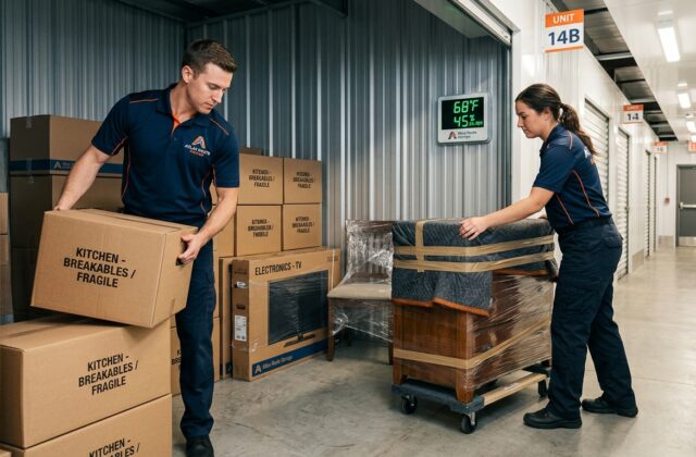 Movers loading furniture and boxes into a clean climate controlled storage unit