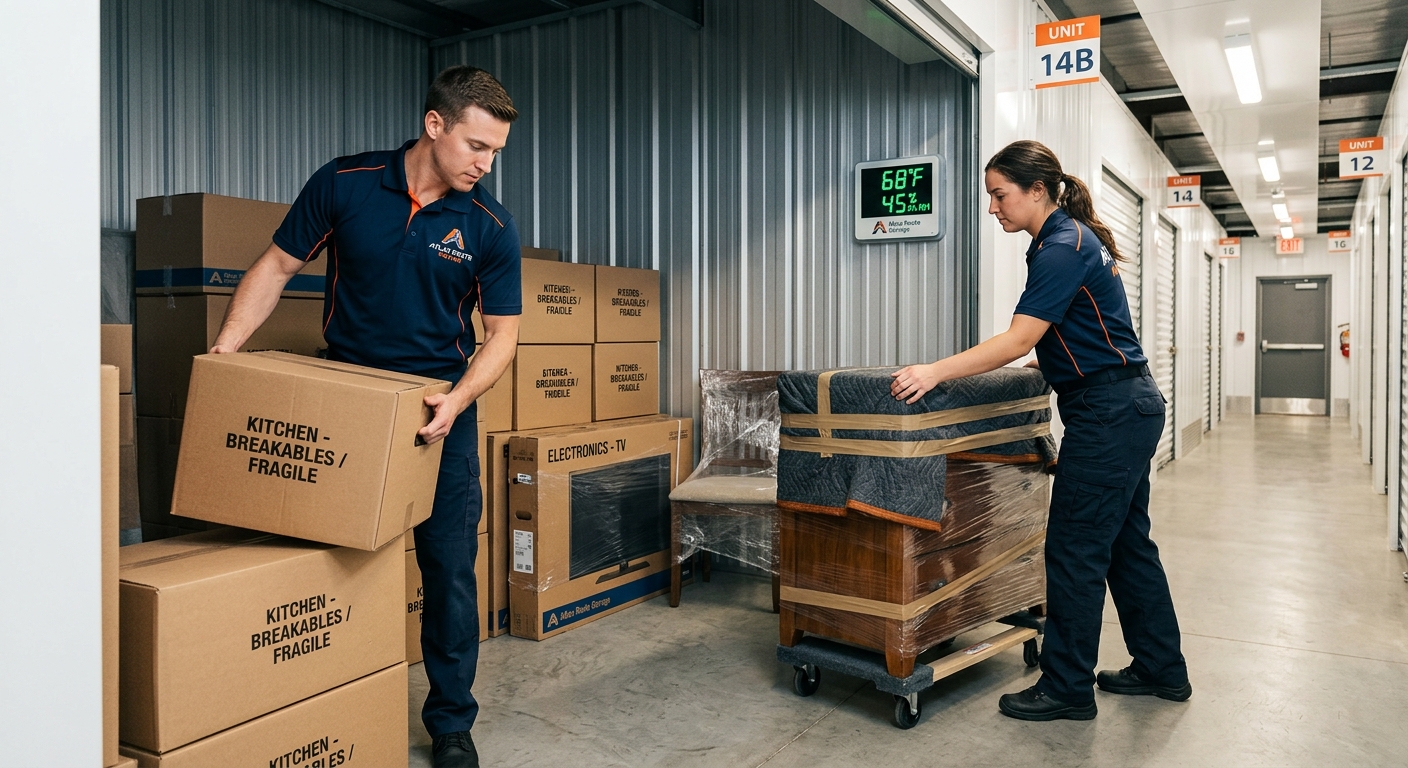 Movers loading furniture and boxes into a clean climate controlled storage unit