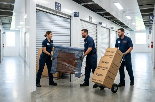 Professional movers loading wrapped furniture and boxes into a clean storage unit