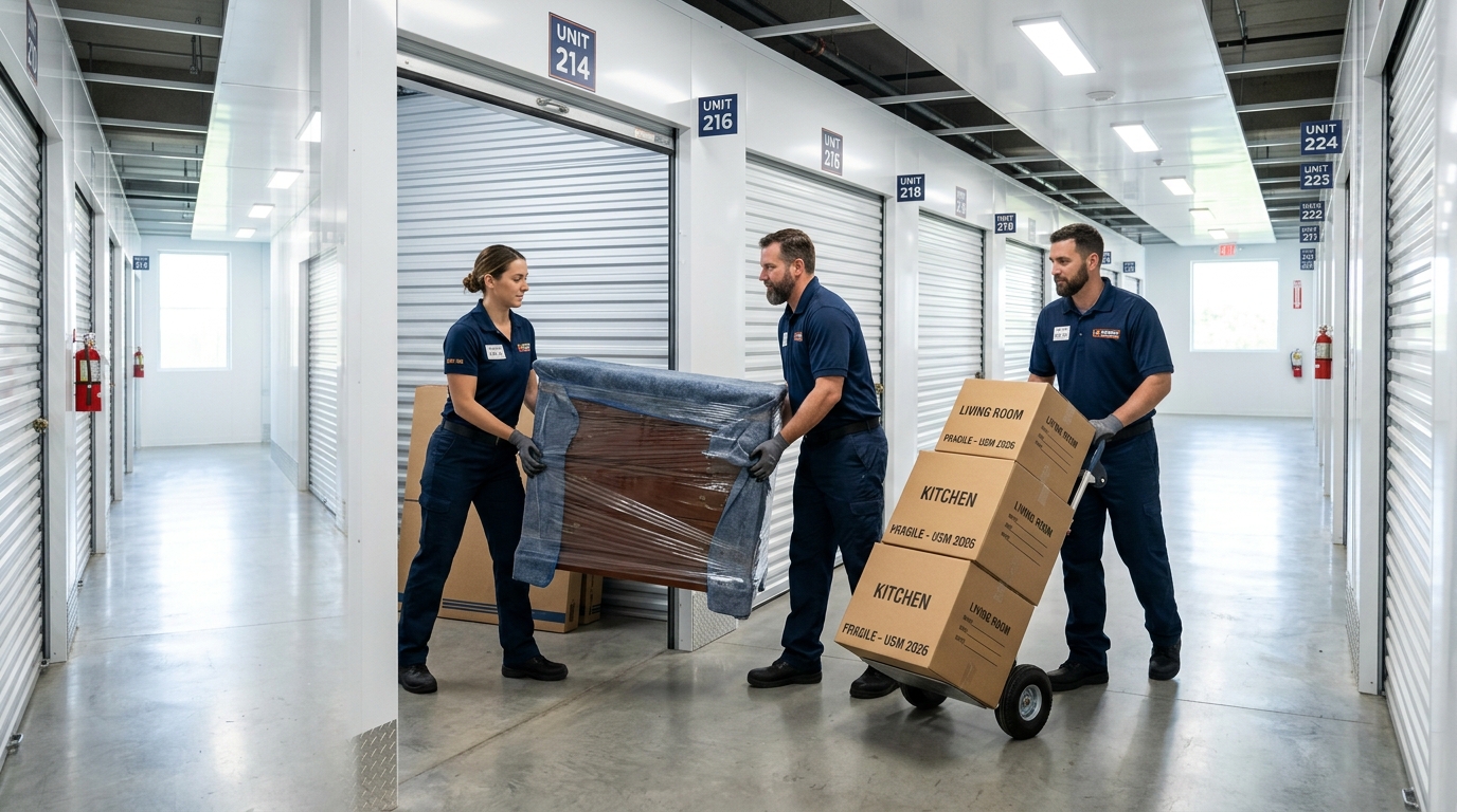 Professional movers loading wrapped furniture and boxes into a clean storage unit