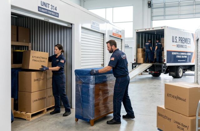 Professional movers loading wrapped furniture and labeled boxes into a clean storage unit