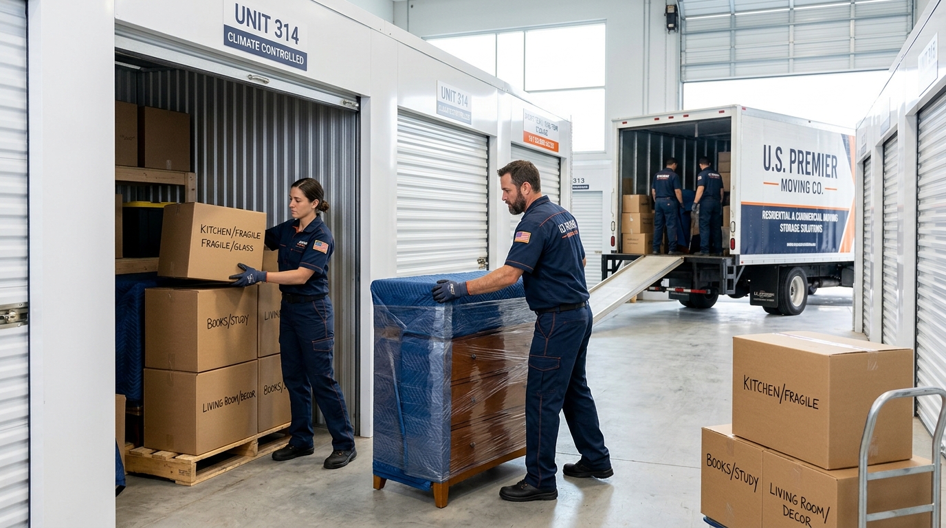 Professional movers loading wrapped furniture and labeled boxes into a clean storage unit