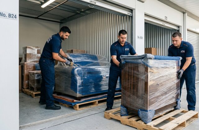 Professional movers wrapping furniture and loading it into a secure storage unit