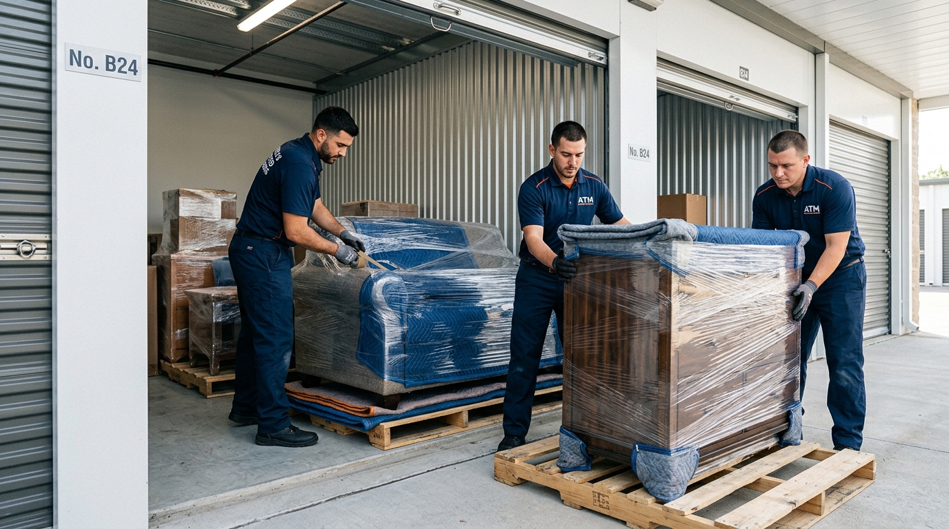 Professional movers wrapping furniture and loading it into a secure storage unit