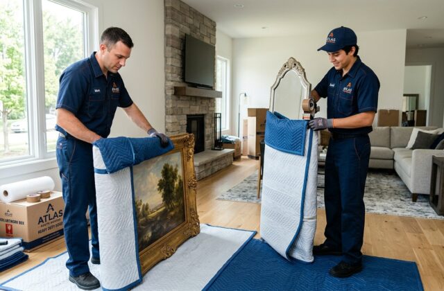 Professional movers carefully wrapping framed artwork and a mirror for moving