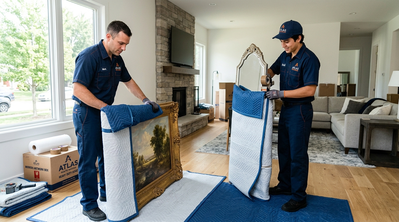 Professional movers carefully wrapping framed artwork and a mirror for moving