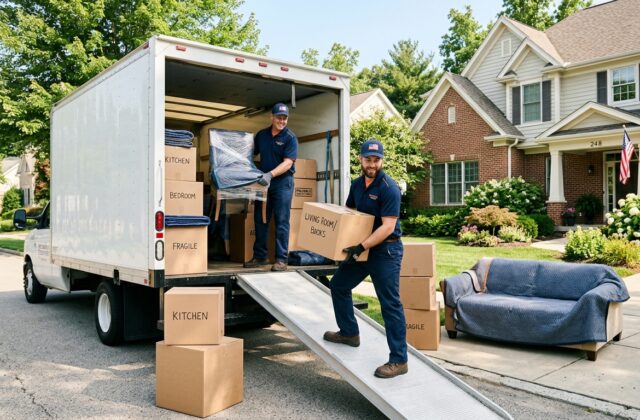 Professional movers loading wrapped furniture and boxes into a moving truck outside a U.S. home