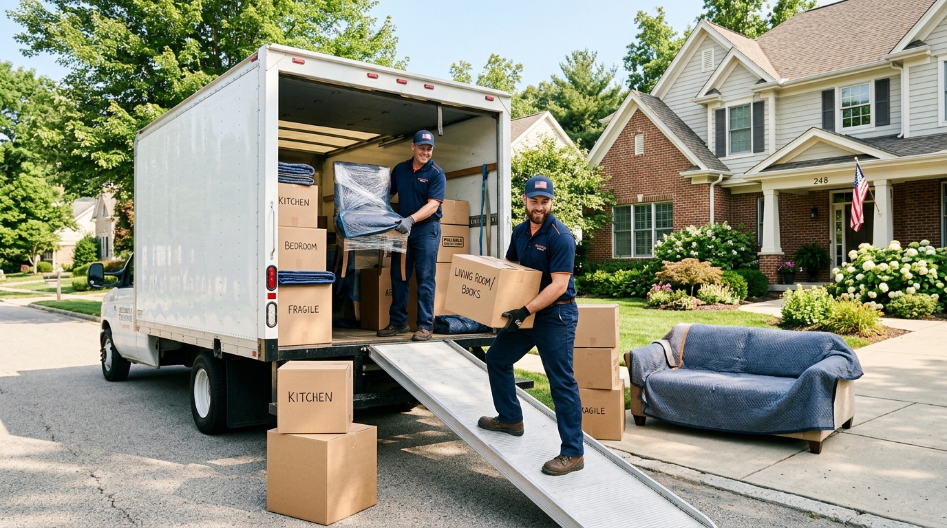 Professional movers loading wrapped furniture and boxes into a moving truck outside a U.S. home