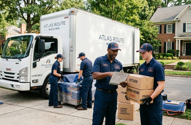 Professional movers loading labeled boxes into a truck while reviewing a moving cost checklist