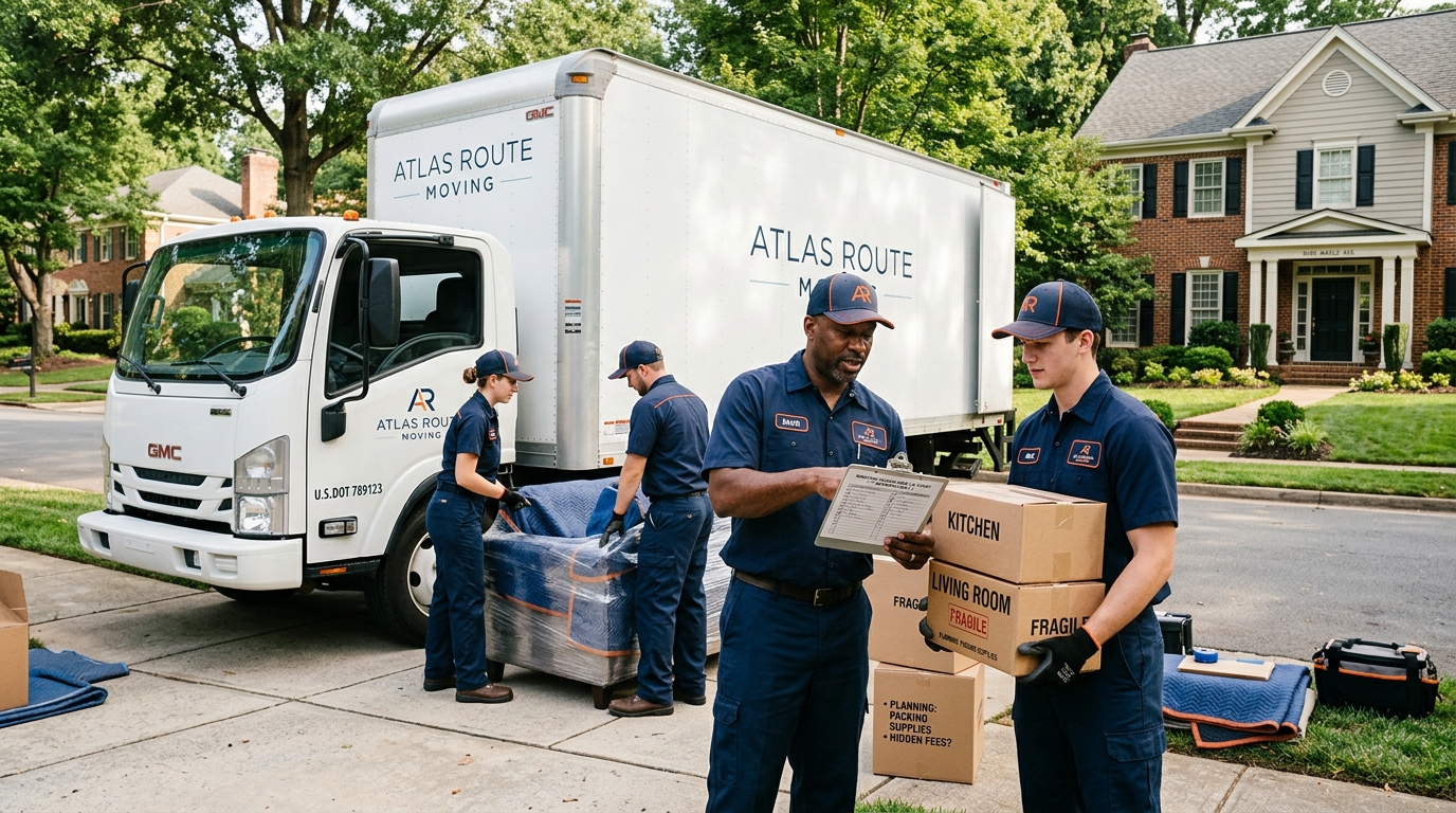 Professional movers loading labeled boxes into a truck while reviewing a moving cost checklist