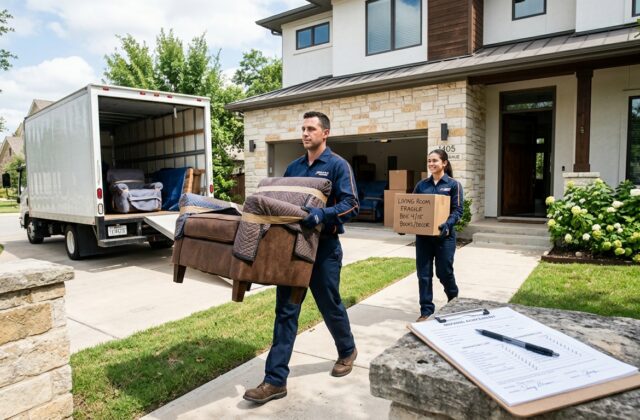 Professional movers loading protected furniture and boxes into a truck for a U.S. household move