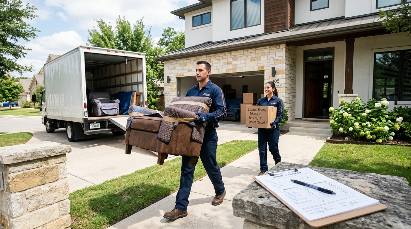 Professional movers loading protected furniture and boxes into a truck for a U.S. household move