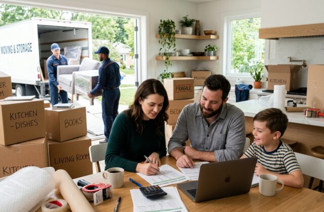 Family using a moving budget worksheet while movers load a truck