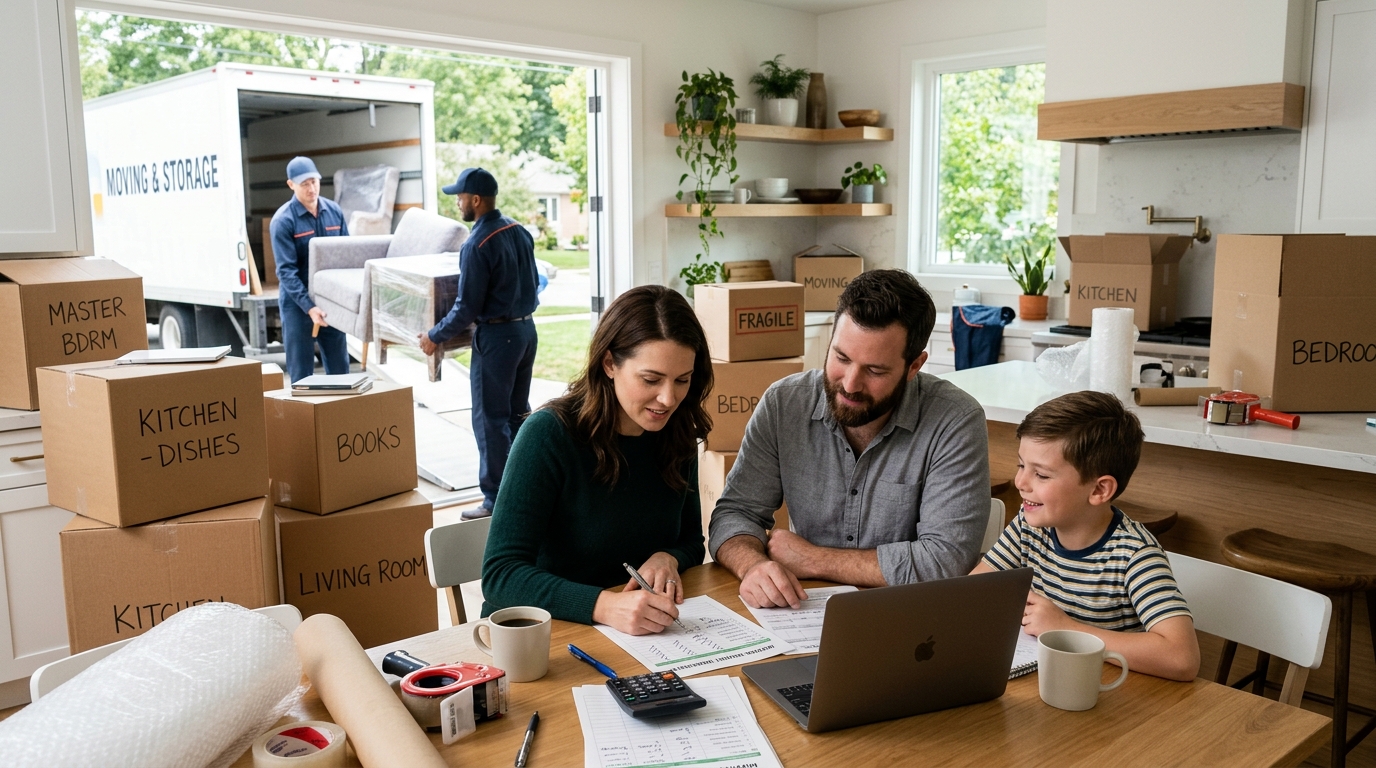 Family using a moving budget worksheet while movers load a truck