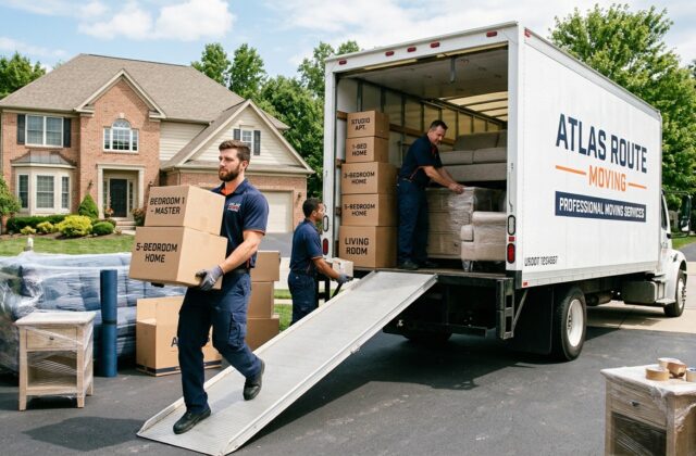 Professional movers loading labeled boxes from a family home into a moving truck