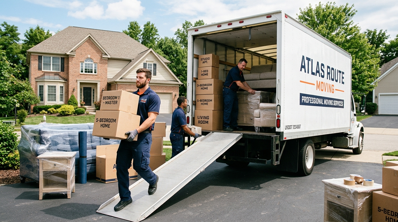 Professional movers loading labeled boxes from a family home into a moving truck
