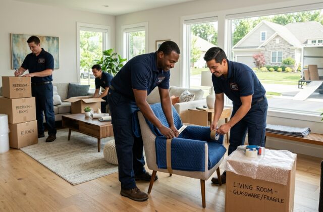 Professional movers packing boxes and furniture in a living room