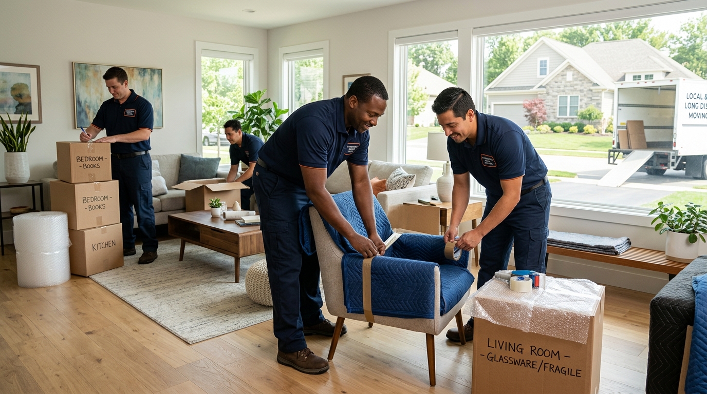 Professional movers packing boxes and furniture in a living room