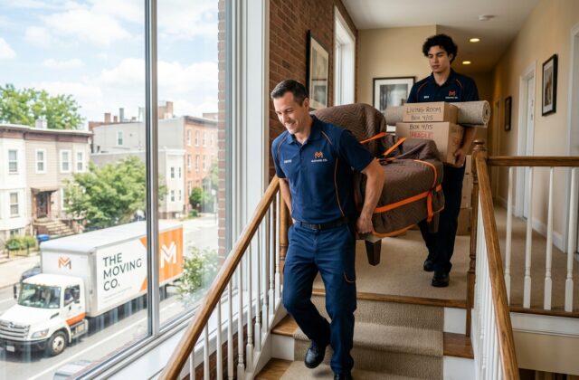 Professional movers carrying boxes up apartment stairs with a moving truck outside