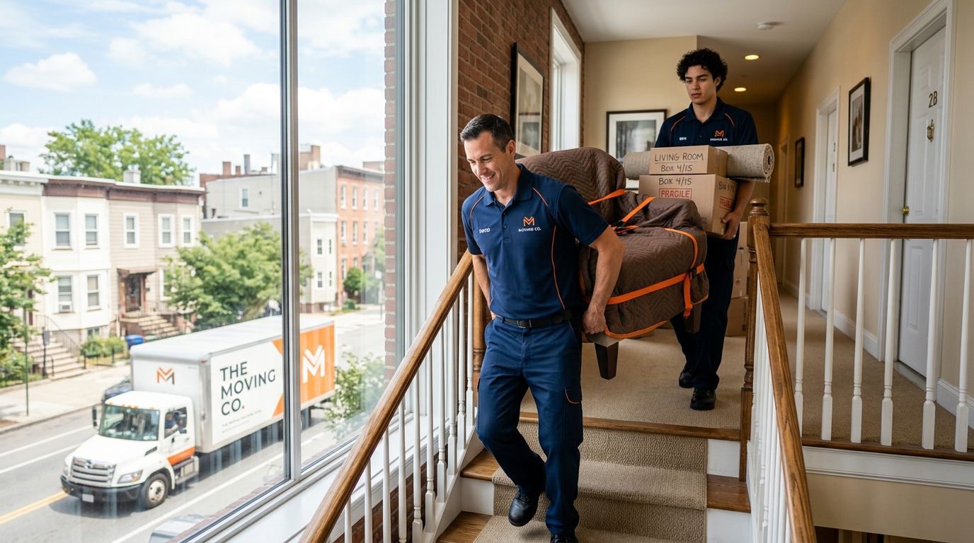 Professional movers carrying boxes up apartment stairs with a moving truck outside