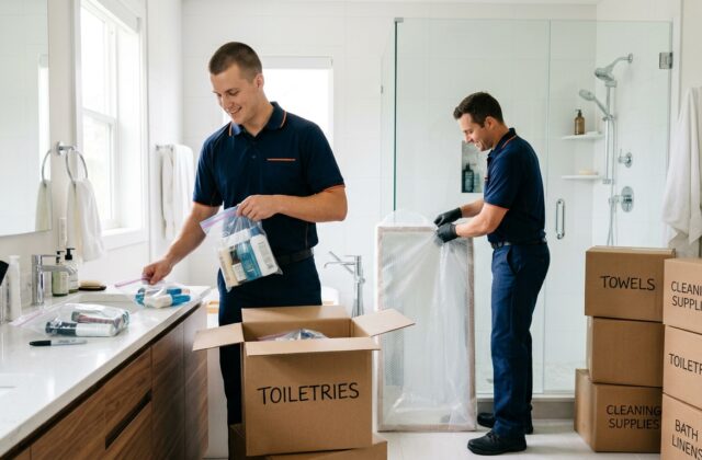 Professional movers packing a modern bathroom with boxes and toiletries