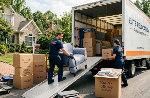 Professional movers loading labeled boxes and protected furniture for a budget-conscious move