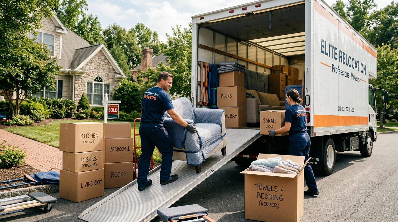 Professional movers loading labeled boxes and protected furniture for a budget-conscious move