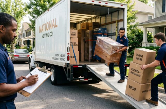 Professional movers loading labeled boxes into a moving truck outside a house