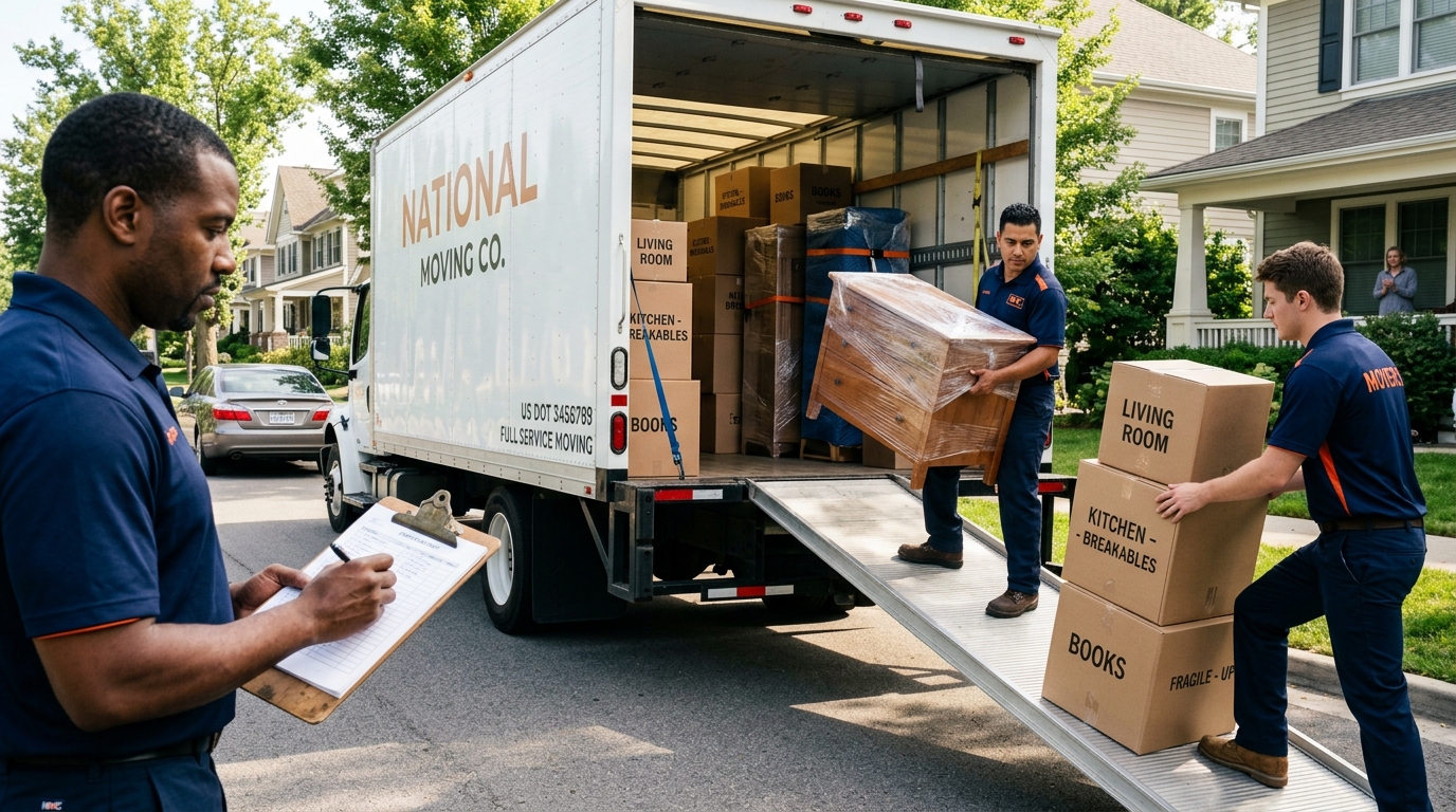 Professional movers loading labeled boxes into a moving truck outside a house