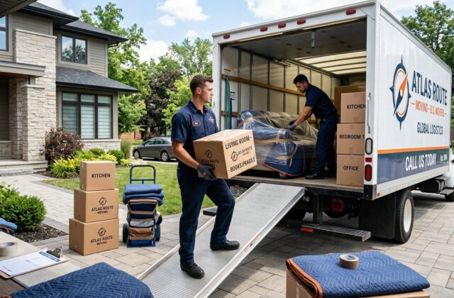 Professional movers loading labeled boxes into a moving truck on a scheduled moving day