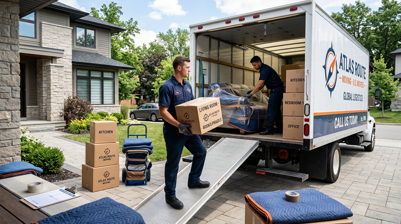 Professional movers loading labeled boxes into a moving truck on a scheduled moving day