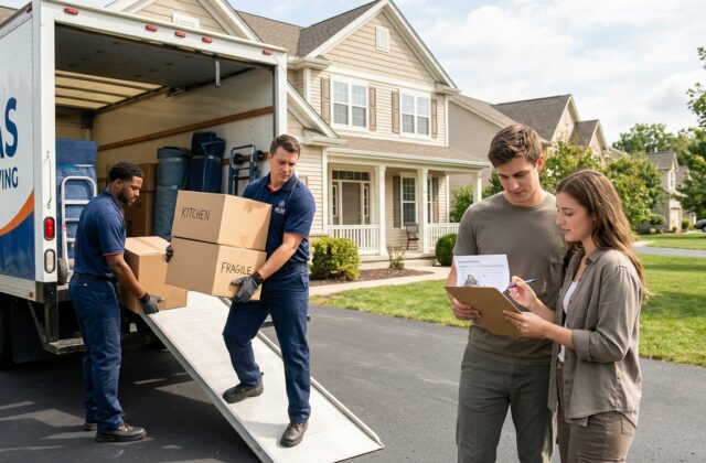 Professional movers unloading boxes while homeowners review a utilities moving checklist