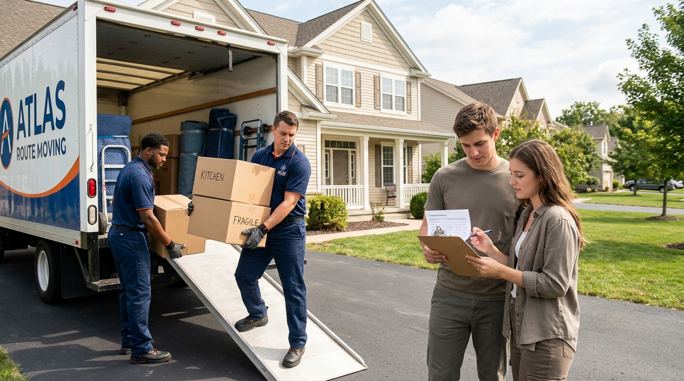 Professional movers unloading boxes while homeowners review a utilities moving checklist