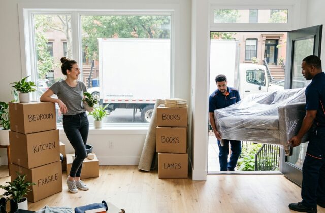 Young adult moving into first apartment with professional movers and labeled boxes