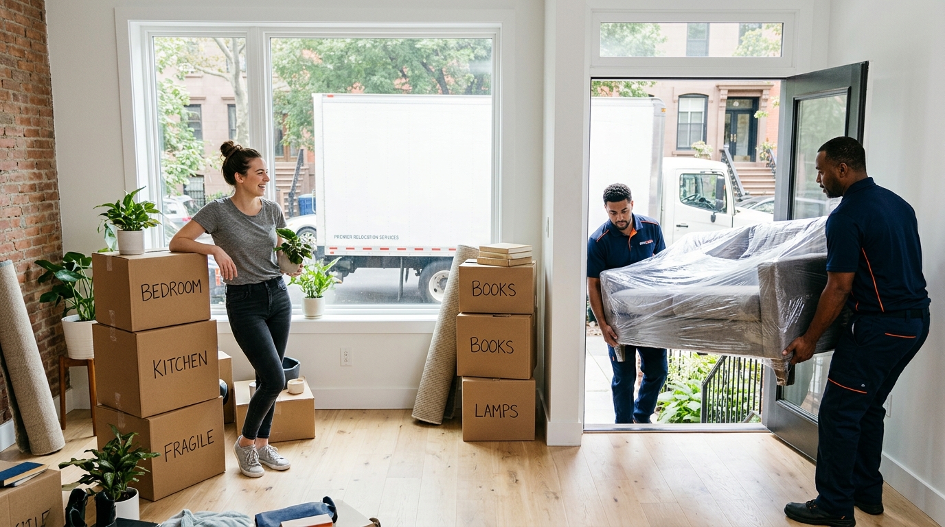 Young adult moving into first apartment with professional movers and labeled boxes