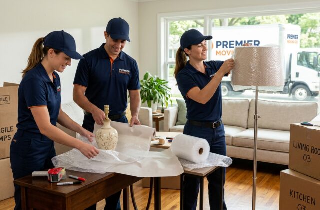 Professional movers wrapping table and floor lamps for moving day