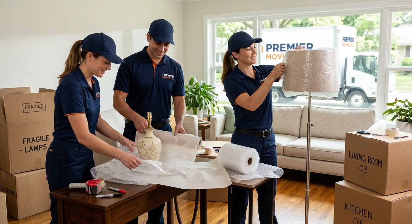Professional movers wrapping table and floor lamps for moving day