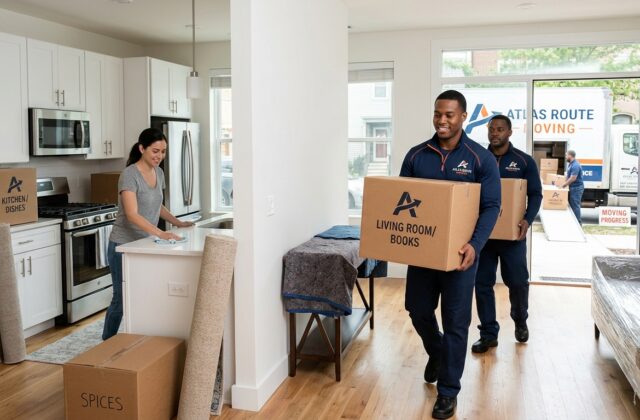 Renter cleaning an empty apartment while movers load labeled boxes into a truck