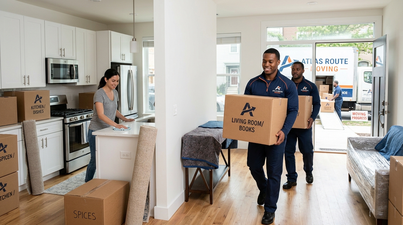 Renter cleaning an empty apartment while movers load labeled boxes into a truck