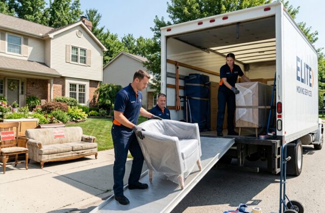 Movers sorting old furniture for donation and loading selected items into a moving truck