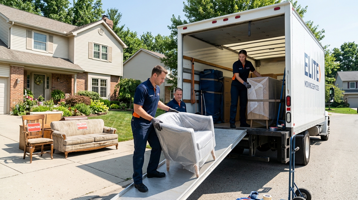 Movers sorting old furniture for donation and loading selected items into a moving truck