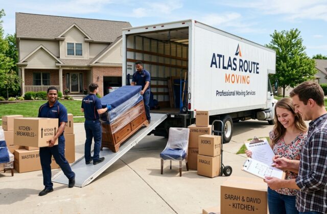 Professional movers unloading boxes at a new suburban home on moving day