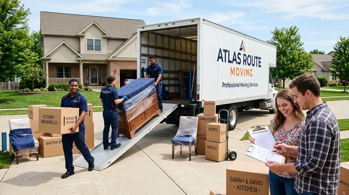 Professional movers unloading boxes at a new suburban home on moving day